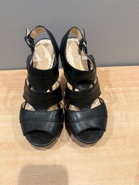 Coach Black Leather Strappy Peep-Toe Heels with Ankle Buckle